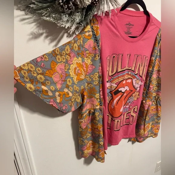 Custom Pink Rolling Stones Graphic Tee with Floral Sleeves - Picture 2 of 6